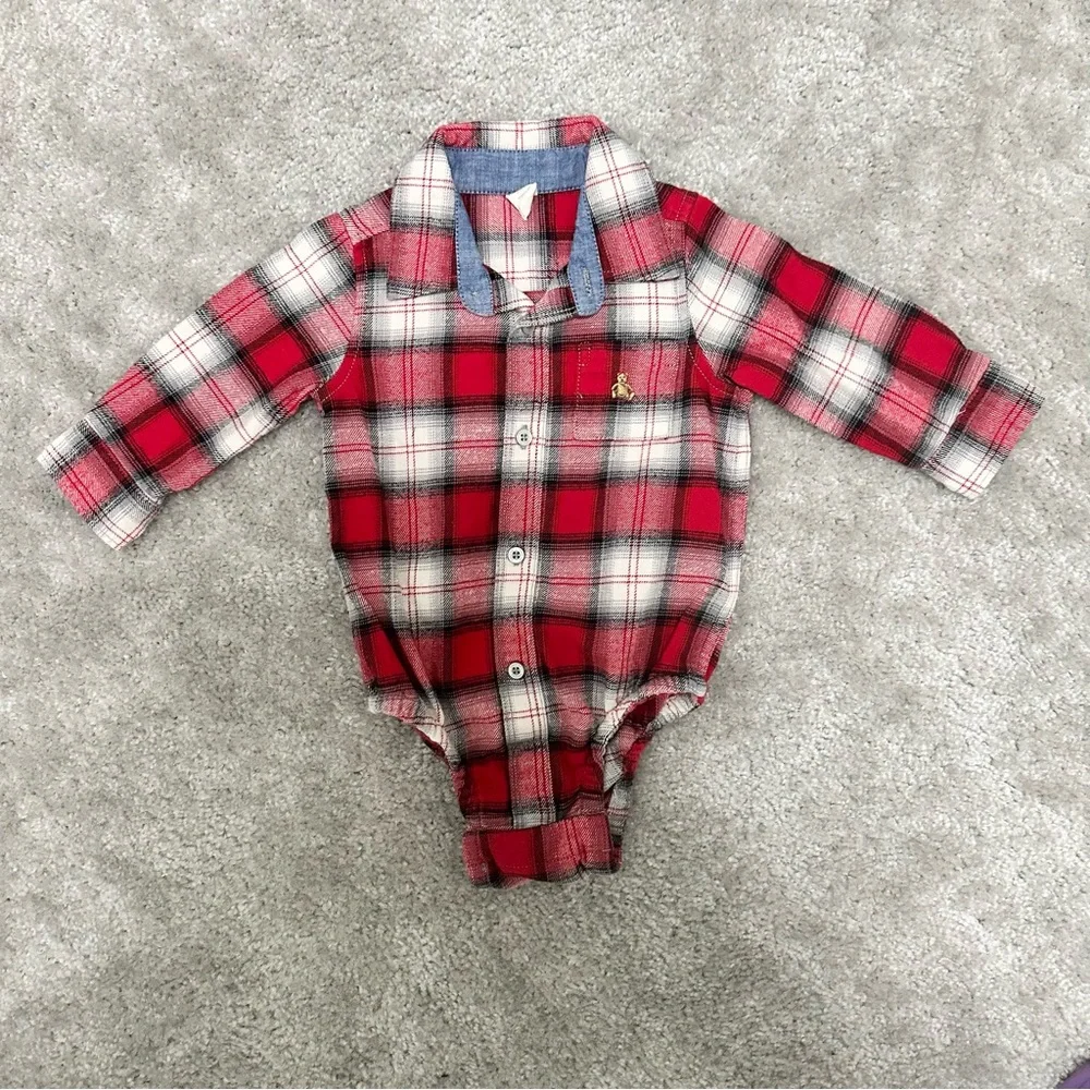 Baby GAP Red and White Flannel Plaid Kids 100% Organic Cotton Bodysuit 6-12 mo